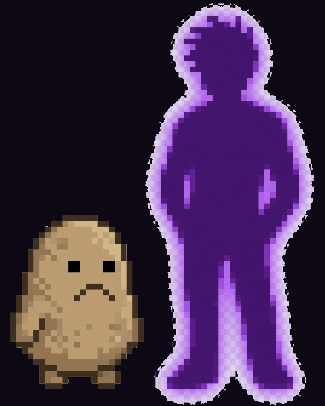 Mogbert the sad beige potato next to Aura Auntie, the glowing purple mogger silhouette